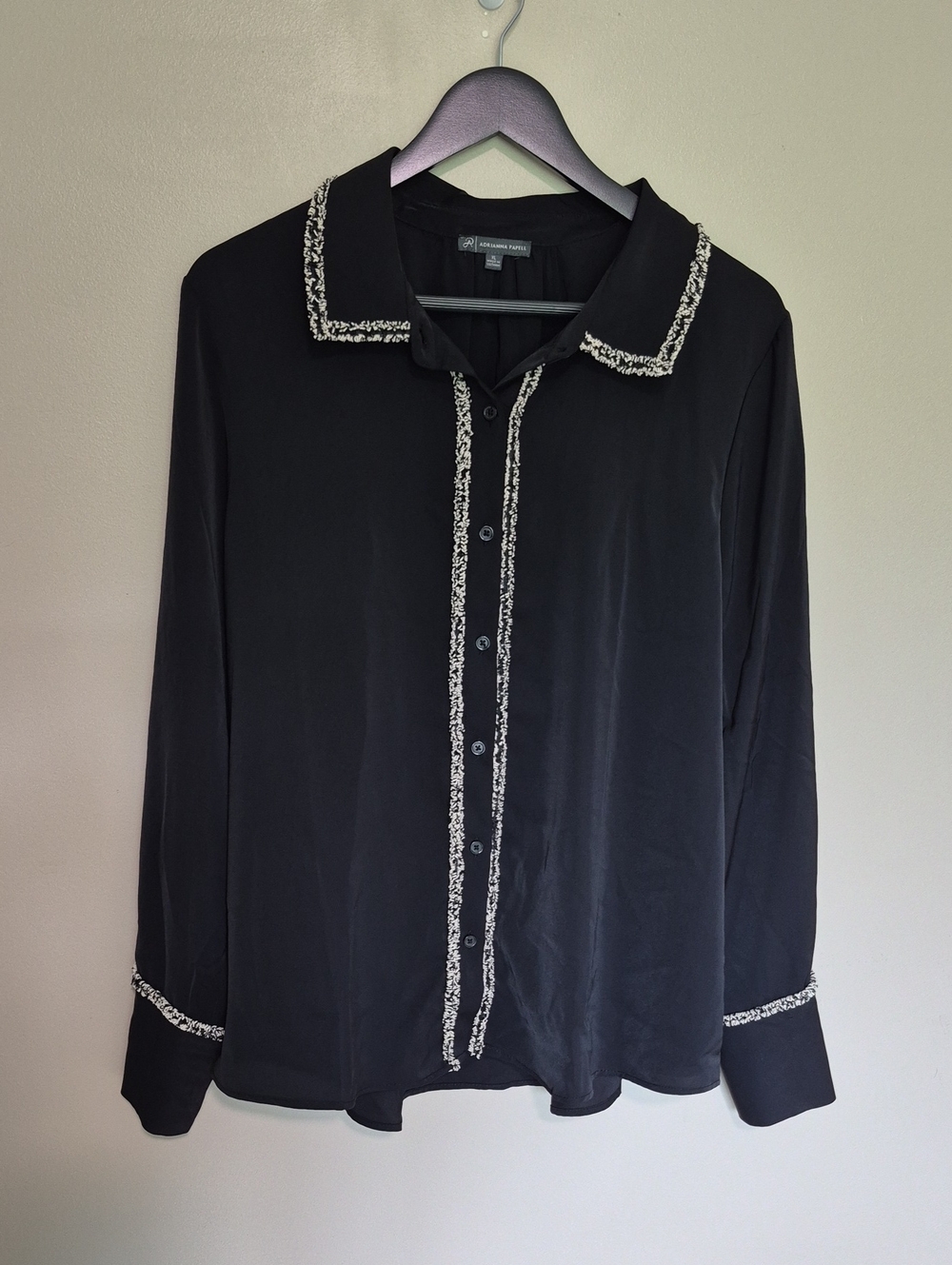 Adrianna Papell Black Button-Front Blouse with White Trim